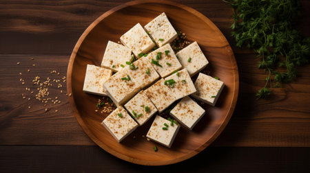 tofu slices are artfully arranged on a rustic wooden tray, showcasing their creamy white texture and delicate edges, perfect for a healthy vegetarian or vegan meal, adding a touch of natural simplicity to any culinary presentation or food photography composition. ai generatedの素材