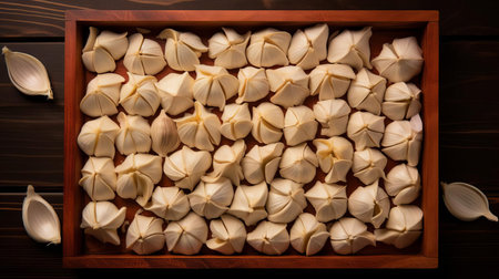 garlic slices are artfully arranged on a rustic wooden tray, showcasing their pungent flavor and aromatic essence, perfect for adding depth to various culinary dishes, from savory soups to flavorful stir-fries, and even as a garnish for gourmet meals. ai generatedの素材