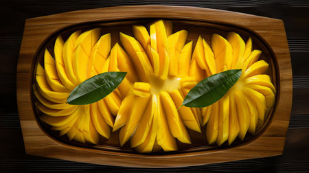 fresh mango slices arranged artfully on a rustic wooden tray, showcasing their vibrant yellow color and juicy texture, perfect for a healthy snack or adding a pop of color to a summer fruit salad or tropical-inspired dessert. ai generatedの素材