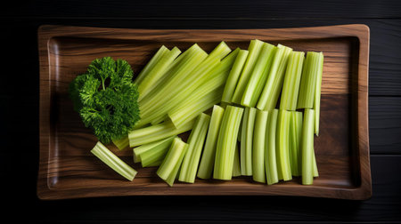 fresh celery slices are artfully arranged on a rustic wooden tray, showcasing their vibrant green color and delicate texture, perfect for adding a crunchy twist to salads, soups, or snacks, and highlighting the beauty of healthy eating and mindful food presentation. ai generatedの素材