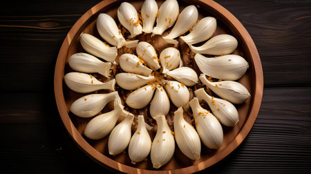 fresh garlic slices are artfully arranged on a rustic wooden tray, showcasing their pungent flavor and aroma, perfect for adding depth to various culinary dishes, from savory soups to flavorful stir-fries, and even as a garnish for gourmet meals. ai generatedの素材