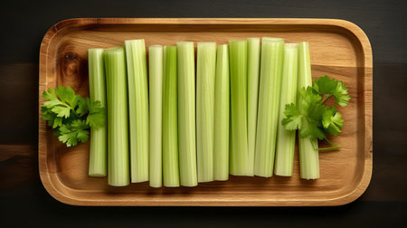 celery slices are artfully arranged on a rustic wooden tray, showcasing their vibrant green color and delicate texture, perfect for adding a fresh crunch to salads, soups, or snacks, and making a healthy addition to any meal or gathering. ai generatedの素材