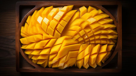 fresh mango slices are beautifully arranged on a rustic wooden tray, showcasing their vibrant yellow color and juicy texture, perfect for a healthy snack or adding a burst of flavor to your favorite recipes, evoking feelings of tropical paradise and summer delight. ai generatedの素材