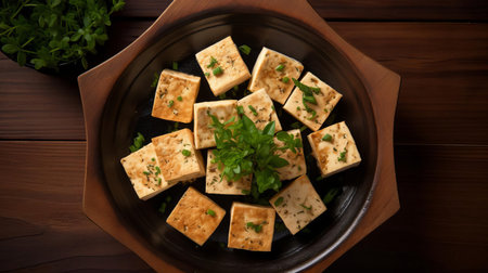 tofu slices are artfully arranged on a rustic wooden tray, showcasing their creamy white texture and delicate edges, perfect for a healthy vegan snack or as a protein-rich addition to a variety of asian-inspired dishes, such as stir-fries and noodle bowls. ai generatedの素材
