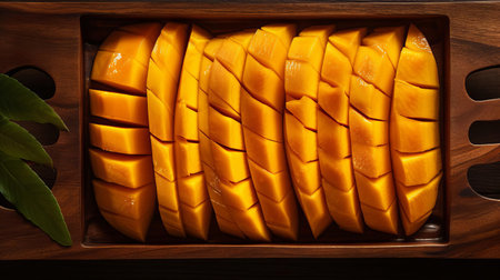 fresh mango slices arranged artfully on a rustic wooden tray, showcasing their vibrant yellow color and juicy texture, perfect for a healthy snack or adding a pop of color to a summer fruit salad or dessert. ai generatedの素材
