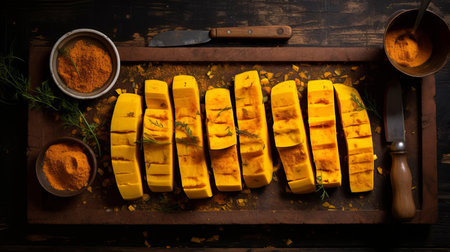 turmeric slices, arranged in a circular pattern, occupy the center of a rustic wooden tray, showcasing their vibrant yellow color and delicate texture, perfect for adding a pop of color and flavor to various culinary creations, such as curries, soups, and spice blends. ai generatedの素材