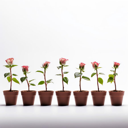 roses beautifully arranged in a row, each bud carefully placed in a pot, against a pristine white background, showcasing their delicate petals and vibrant colors, perfect for adding a touch of elegance to any room or event decoration. ai generatedの素材
