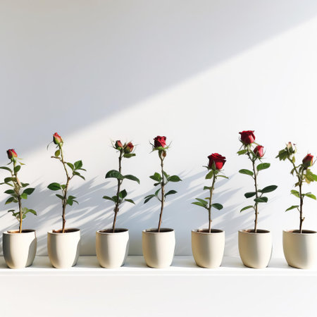 roses beautifully display their delicate petals and soft hues in a row of rosebud in pots on a white background, showcasing their elegant beauty and charm, perfect for gardening enthusiasts and flower arrangement inspiration, highlighting the simplicity of indoor plants and decorative containers. ai generatedの素材