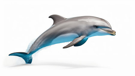 dolphin swims solo, its sleek grey body and dorsal fin standing out against a pristine white background, showcasing its playful and intelligent nature, perfect for marine life enthusiasts, ocean lovers, and fans of aquatic animals in high-quality, detailed photography. ai generatedの素材