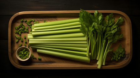 celery slices are artfully arranged on a rustic wooden tray, showcasing their vibrant green color and delicate texture, perfect for adding a crunchy freshness to salads, soups, or snacks, and making a healthy addition to any meal or gathering. ai generatedの素材