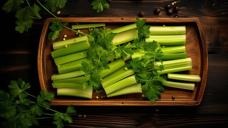 celery slices are artfully arranged on a rustic wooden tray, showcasing their vibrant green color and delicate texture, perfect for adding a crunchy freshness to salads, soups, and healthy snacks, highlighting the versatility of this nutritious vegetable in modern cooking and meal prep. ai generatedの素材