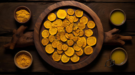 turmeric slices are beautifully arranged on a rustic wooden tray, showcasing their vibrant yellow color and intricate texture, perfect for adding a pop of color and warmth to any culinary or herbal display, evoking feelings of natural wellness and earthy charm. ai generatedの素材