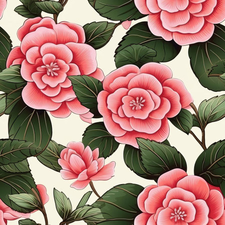 the camellia flower blooms beautifully in this stunning vector pattern, featuring intricate details and delicate petals, perfect for creating seamless backgrounds, wallpapers, and textiles, ideal for floral enthusiasts and designers seeking elegant and sophisticated designs. ai generatedの素材