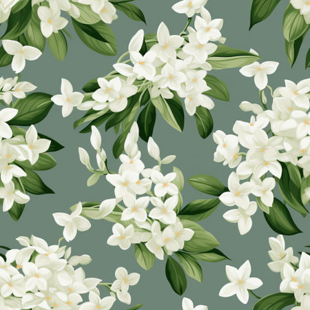 stephanotis flowers bloom beautifully in this stunning vector pattern, featuring delicate white petals and green stems on a seamless background, perfect for wallpaper, fabric, or gift wrapping designs, evoking a sense of elegance and sophistication in any project. ai generatedの素材