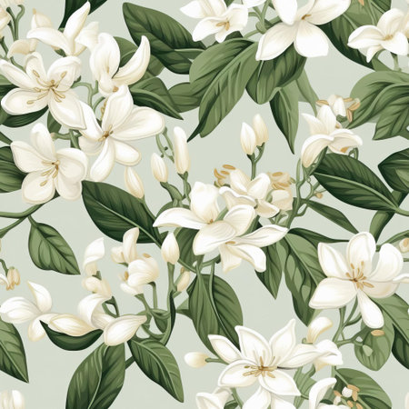 stephanotis flowers bloom beautifully in this stunning vector pattern, featuring delicate white petals and green stems on a seamless background, perfect for wallpaper, fabric, or wrapping paper designs, adding a touch of elegance and sophistication to any project. ai generatedの素材