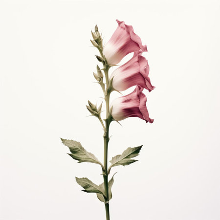the foxglove, a statuesque perennial flower, stands tall against a pristine white backdrop, its tubular bells of soft purple hue gently swaying, accompanied by a delicate rose in subtle bloom, evoking a sense of serenity and elegance in this minimalist composition, perfect for nature lovers and floral enthusiasts. ai generatedの素材