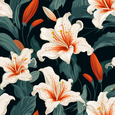 the regal lily, a symbol of purity and innocence, takes center stage in this stunning vector pattern, featuring intricate details and delicate petals, perfect for creating seamless backgrounds, wallpapers, and textiles, adding a touch of elegance to any design project. ai generatedの素材
