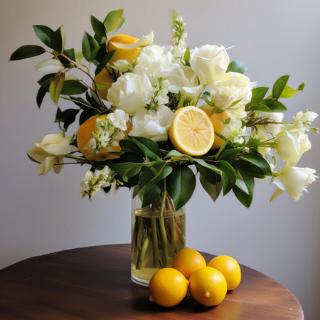 the elegant lemon blossom arrangement, adorned with 12 pristine white roses and 5 vibrant yellow roses, beautifully arranged in a delicate vase, exudes a sense of sophistication and charm, perfect for any special occasion or home decor, adding a touch of freshness and elegance to any room. ai generatedの素材