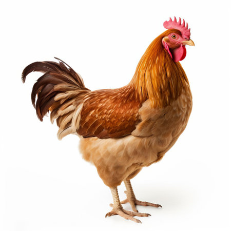 a plump and healthy chicken isolated on a clean white background, showcasing its vibrant plumage and distinctive features, perfect for use in cooking, farming, or animal-related designs, highlighting the beauty of this popular domesticated bird. ai generatedの素材