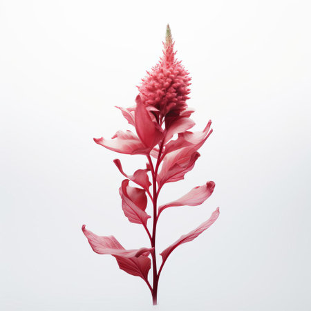 the celosia flower takes center stage in this elegant, minimalist photograph, showcasing its vibrant, feathery plumes in a beautiful rose hue against a crisp, white background, highlighting its unique texture and delicate beauty, perfect for nature lovers and floral enthusiasts alike. ai generatedの素材
