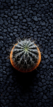 this cactus plant stands out against a backdrop of dark gray and black, its prickly texture and vibrant green hue popping against the visually tactile surface of black shingle, captured in a soft focus style reminiscent of tabletop photography, evoking a sense of sustainable design and natural beauty. ai generatedの素材
