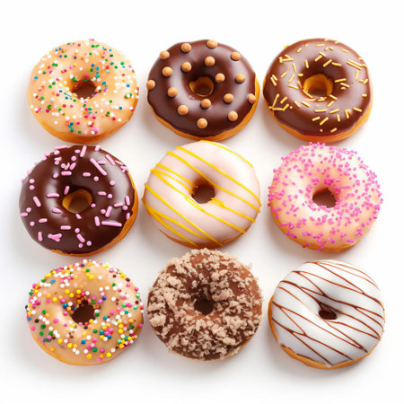 doughnuts, freshly baked and sweetly glazed, sit isolated on a pristine white background, showcasing their vibrant colors and enticing textures, perfect for food bloggers and photographers seeking high-quality images of tasty treats and sweet indulgences. ai generatedの素材