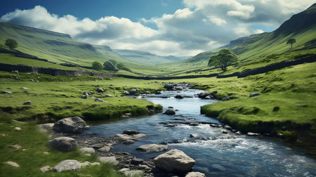 the yorkshire dales, a breathtaking national park in northern england, unfolds a serene and idyllic scenery, with rolling hills, lush green pastures, and meandering rivers, set against a backdrop of majestic limestone cliffs, evoking a sense of tranquility and connection with nature. ai generatedの素材