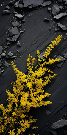 goldenrod stands out against a backdrop of dark gray and black pebbles, its delicate yellow petals and soft focus capturing the essence of sustainable design, as seen through the lens of a voigtlander bessa r2m camera, evoking a sense of visually tactile surfaces in this intimate tabletop photography setting. ai generatedの素材
