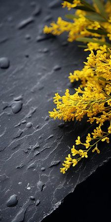 goldenrod stands out against the dark gray and black backdrop of black shingle, its delicate yellow petals and soft focus evoking a sense of visually tactile surfaces, perfect for sustainable design inspiration, captured with a voigtlander bessa r2m camera in a stunning tabletop photography setup. ai generatedの素材