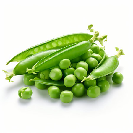 fresh green peas isolated on a clean white background, showcasing their vibrant color and delicate texture, perfect for adding a pop of color to your culinary or food-related projects, highlighting healthy eating and nutritious snacks. ai generatedの素材