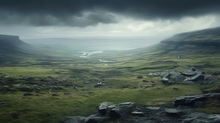 the coastal plain stretches serenely across the hindu yorkshire dales, a breathtaking fusion of natural beauty and mystique, where rolling hills, lush green pastures, and meandering rivers converge, evoking a sense of tranquility and wonder, perfect for nature lovers and photography enthusiasts alike. ai generatedの素材