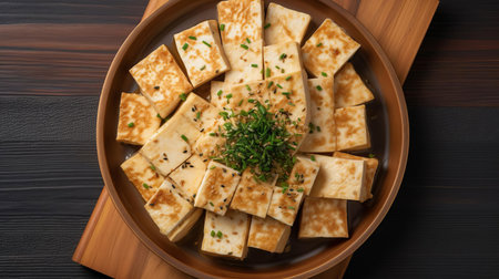 tofu slices are artfully arranged on a rustic wooden tray, showcasing their creamy white texture and delicate edges, perfect for a healthy vegan snack or addition to a nutritious meal, highlighting the versatility of plant-based protein in modern cuisine. ai generatedの素材