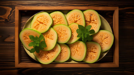 fresh melon slices are artfully arranged on a rustic wooden tray, showcasing their vibrant green and yellow hues, invitingly ripe and ready to be devoured, perfect for a healthy snack or refreshing summer treat, evoking feelings of warmth and serenity. ai generatedの素材