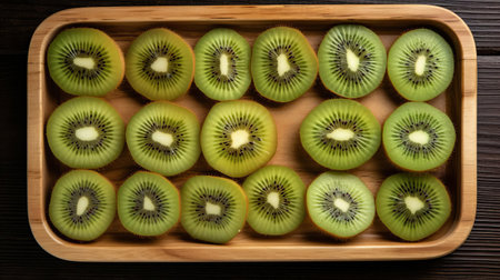 kiwi slices are artfully arranged on a rustic wooden tray, showcasing their vibrant green color and intricate brown seeds, perfect for adding a pop of freshness to salads, smoothies, or as a healthy snack, highlighting the beauty of natural food presentation. ai generatedの素材