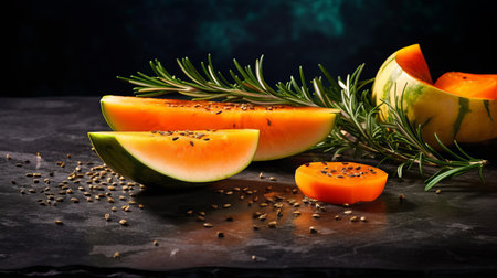 fresh melon, sliced to perfection, is beautifully arranged on a dark stone background, accompanied by fragrant rosemary, aromatic spices, and thinly sliced onion, creating a visually stunning and refreshing summer fruit platter, perfect for outdoor gatherings and picnics. ai generatedの素材