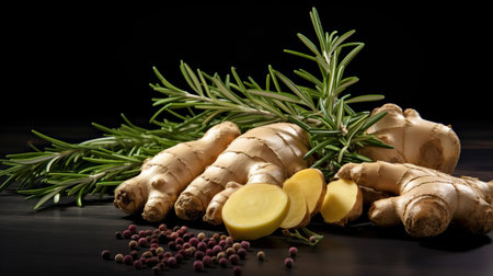 freshly cut ginger, adorned with fragrant rosemary sprigs and surrounded by aromatic spices and thinly sliced onion, rests elegantly on a dark stone background, evoking a sense of earthy sophistication and culinary creativity, perfect for cooking and food styling inspiration. ai generatedの素材