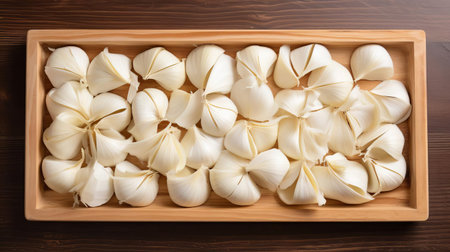 fresh garlic slices are artfully arranged on a rustic wooden tray, showcasing their pungent beauty in this stunning top-down shot, perfect for cooking enthusiasts, food bloggers, and recipe developers looking for high-quality culinary images featuring aromatic ingredients and natural textures. ai generatedの素材