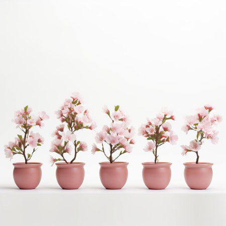 a row of vibrant cherry blossom trees in pots sit elegantly on a pristine white background, showcasing their delicate pink petals and lush green leaves, perfect for spring decoration, japanese-inspired interior design, and floral photography enthusiasts. ai generatedの素材