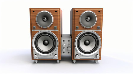 stereo equipment sits isolated on a pristine white background, showcasing its sleek design and modern features, perfect for music enthusiasts and audiophiles seeking high-quality sound systems for their homes or studios, highlighting its compact size and versatility. ai generatedの素材