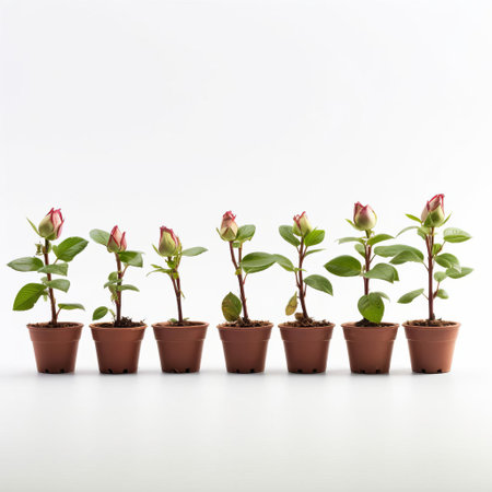 roses beautifully display their delicate petals and vibrant colors in a row of rosebud in pots, perfectly arranged on a pristine white background, showcasing their elegance and charm, ideal for floral arrangements, gardening inspiration, and home decor ideas. ai generatedの素材