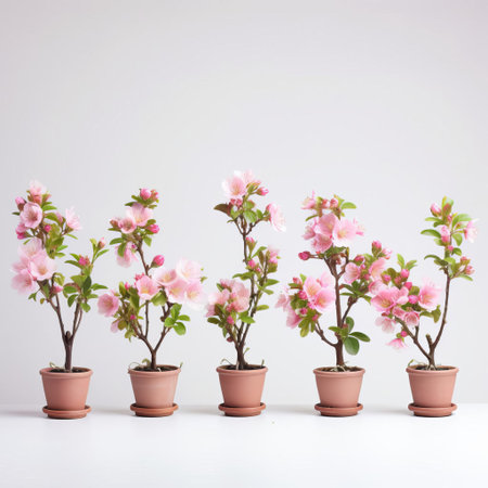a row of delicate apple blossom trees in pots sit elegantly on a pristine white background, showcasing their beautiful pink and white blooms, perfect for spring and garden decoration inspiration, highlighting the beauty of flowering trees in containers. ai generatedの素材