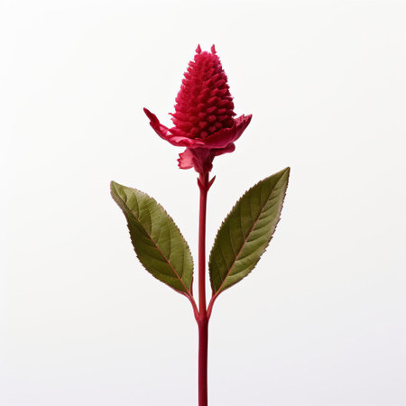 the celosia flower takes center stage in this elegant, minimalist photograph, its delicate, feathery plumes a soft pink hue, beautifully complemented by a single, long-stemmed rose in a subtle, romantic gesture, set against a pristine white background that highlights their natural beauty and simplicity. ai generatedの素材