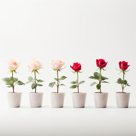 roses beautifully arranged in a row, showcasing their delicate petals and vibrant colors, sit elegantly in pots on a pristine white background, creating a serene and peaceful atmosphere, perfect for floral enthusiasts and nature lovers alike, evoking feelings of calmness and serenity. ai generatedの素材