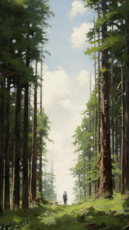 the monumental vistas of shrubland, captured in a plein air style, showcase extremely tall coniferous trees that dwarf people, emphasizing a sense of scale that makes them look tiny, set against a backdrop of dusty piles and rolling hills, evoking a sense of adventure and exploration. ai generatedの素材
