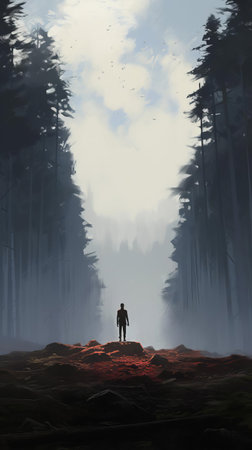 majestic coniferous trees tower above, their monumental vistas and extremely tall silhouettes dwarfing people to tiny figures, set against a backdrop of dusty piles and low depth of field, evoking a sense of scale in this plein air mound commission by xenixx + krenz cushart, reminiscent of romaine brooks' style. ai generatedの素材