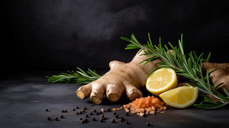 freshly cut ginger, accompanied by fragrant rosemary, aromatic spices, and thinly sliced onion, is beautifully arranged on a dark stone background, evoking a sense of rustic charm and warmth, perfect for adding a touch of natural elegance to any culinary setting, emphasizing the importance of fresh ingredients in cooking. ai generatedの素材