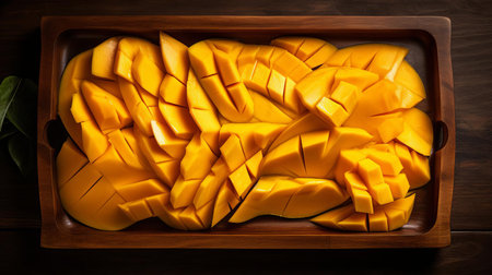 fresh mango slices arranged artfully on a rustic wooden tray, showcasing their vibrant yellow and orange hues, invitingly ripe and juicy, perfect for a healthy snack or adding a burst of flavor to your favorite recipes, evoking feelings of tropical warmth and summertime bliss. ai generatedの素材