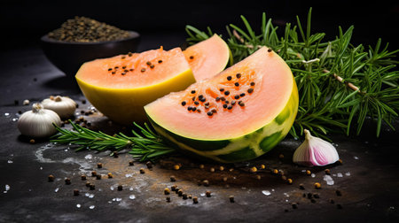 fresh melon, sliced to perfection, is beautifully garnished with fragrant rosemary, aromatic spices, and thinly chopped onion, all artfully arranged on a dark stone background, evoking a sense of summer freshness and healthy eating, perfect for a refreshing snack or light lunch. ai generatedの素材