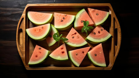 fresh melon slices are artfully arranged on a rustic wooden tray, showcasing their vibrant green and yellow hues, inviting viewers to indulge in a refreshing summer treat, perfect for hot days, picnics, or healthy snacking. ai generatedの素材