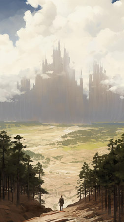 the majestic coniferous trees, towering above the dusty piles, evoke a sense of scale that makes people appear tiny, set against the backdrop of monumental vistas, as seen in this plein air mound photograph, showcasing the artistic vision of romaine brooks, commissioned to capture the essence of nature's grandeur. ai generatedの素材